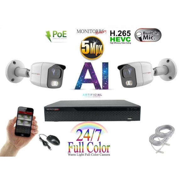 Monitorrs Security - AI IP Full Color kamerarendszer 2 kamerával 5 Mpix Wt - 6021K2