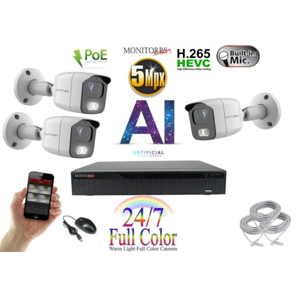 Monitorrs Security - AI IP Full Color kamerarendszer 3 kamerával 5 Mpix Wt - 6021K3