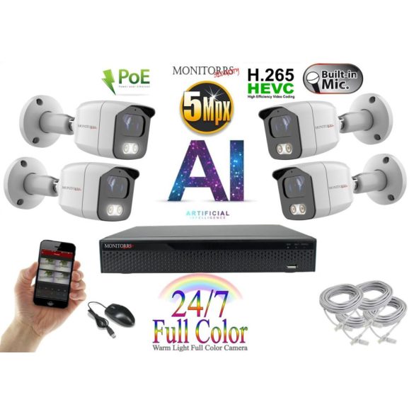 Monitorrs Security - AI IP Full Color kamerarendszer 4 kamerával 5 Mpix Wt - 6021K4