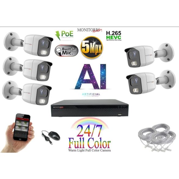 Monitorrs Security - AI IP Full Color kamerarendszer 5 kamerával 5 Mpix Wt - 6021K5