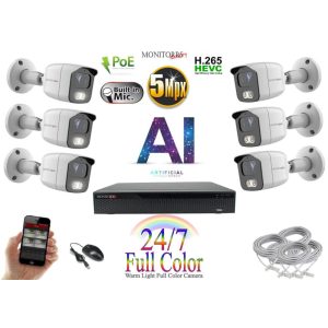 Monitorrs Security - AI IP Full Color kamerarendszer 6 kamerával 5 Mpix Wt - 6021K6