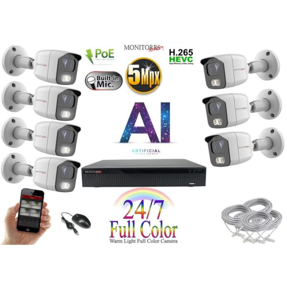 Monitorrs Security - AI IP Full Color kamerarendszer 7 kamerával 5 Mpix Wt - 6021K7