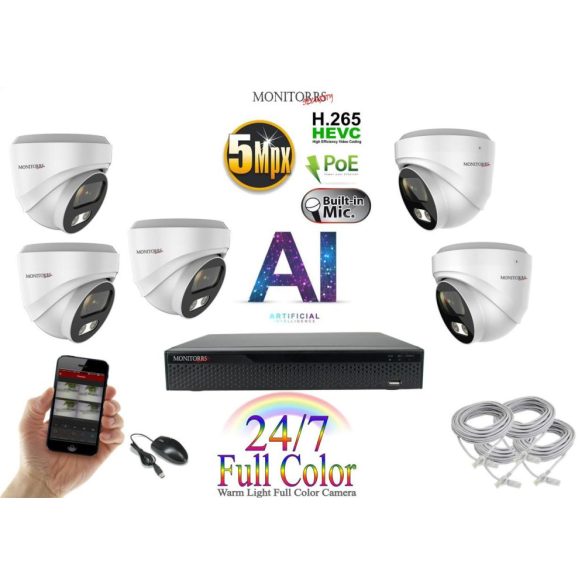 Monitorrs Security - AI IP Full Color Dóm kamerarendszer 5 kamerával 5 Mpix Wd - 6022K5