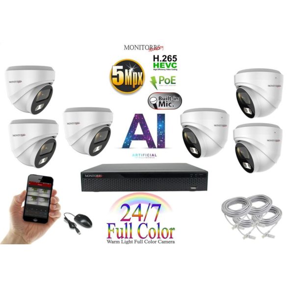 Monitorrs Security - AI IP Full Color Dóm kamerarendszer 6 kamerával 5 Mpix Wd - 6022K6