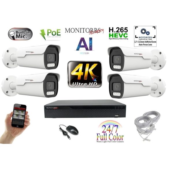 Monitorrs Security - AI IP Park Full Color kamerarendszer 4 kamerával 8 Mpix Wt - 6025K4
