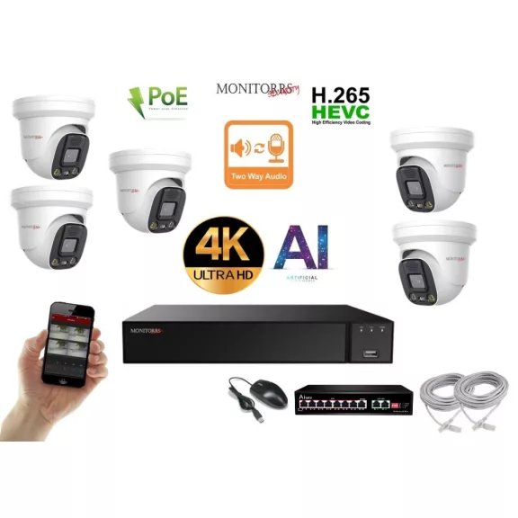 Monitorrs Security - AI IP Aktív dóm kamerarendszer 5 kamerával switchel 8 mpix - 6077K5B Monitorrs Security - AI IP Aktív dóm kamerarendszer 5 kamerával switchel 8 mpix - 6077K5B