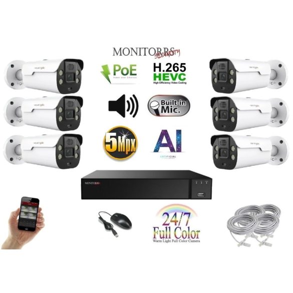 Monitorrs Security - AI IP Aktív kamerarendszer 6 kamerával 5 mpix WTube - 6079K6