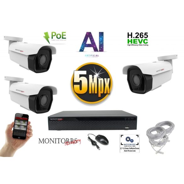 Monitorrs Security - AI IP park kamerarendszer 3 kamerával 5 Mpix - 6185K3