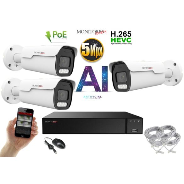 Monitorrs Security - AI IP park kamerarendszer 3 kamerával 5 Mpix - 6185K3