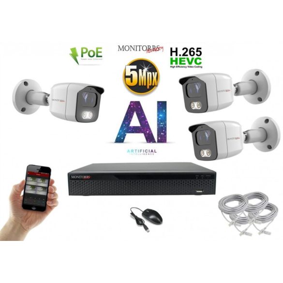Monitorrs Security - AI IP kamerarendszer 3 kamerával 5 Mpix WT - 6372K3