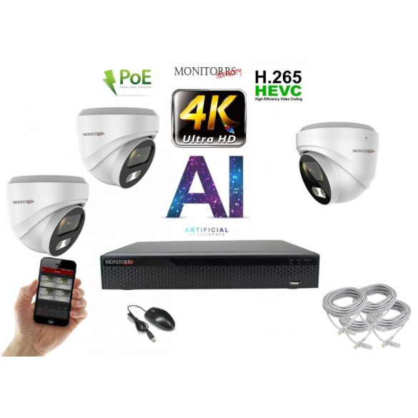 Monitorrs Security - 4K AI IP kamerarendszer 3 kamerával 8 Mpix WD - 6376K3