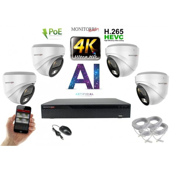 Monitorrs Security - 4K AI IP kamerarendszer 4 kamerával 8 Mpix WD - 6376K4