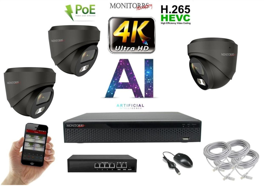 Ms Ip Camera MS - 4K AI IP kamerarendszer 3 kamerával switchel 8 Mpix GD