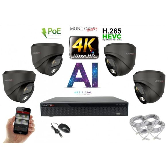 Monitorrs Security - 4K AI IP kamerarendszer 4 kamerával 8 Mpix GD - 6377K4