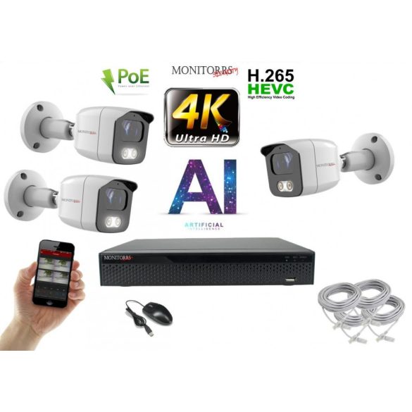 Monitorrs Security - 4K AI IP kamerarendszer 3 kamerával 8 Mpix WT - 6378K3