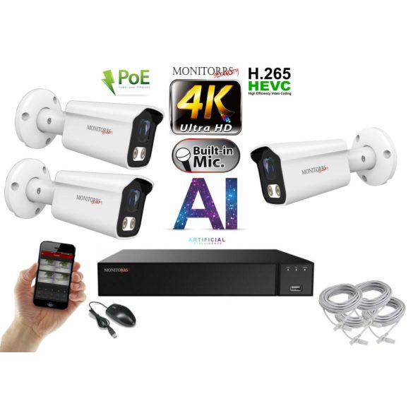 Monitorrs Security - 4K AI IP kamerarendszer 3 kamerával 8 Mpix WT - 6378K3