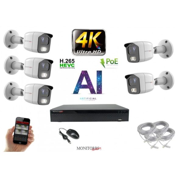 Monitorrs Security - 4K AI IP kamerarendszer 5 kamerával 8 Mpix WT - 6378K5