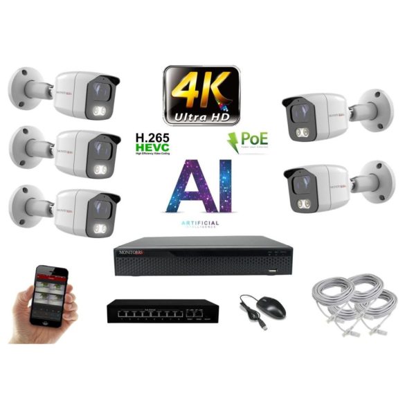 MS - 4K AI IP kamerarendszer 5 kamerával switchel 8 Mpix WT - 6378K5B
