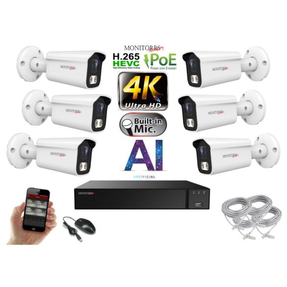 Monitorrs Security - 4K AI IP kamerarendszer 6 kamerával 8 Mpix WT - 6378K6