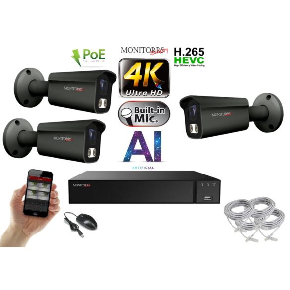 Monitorrs Security - 4K AI IP kamerarendszer 3 kamerával 8 Mpix GT - 6379K3
