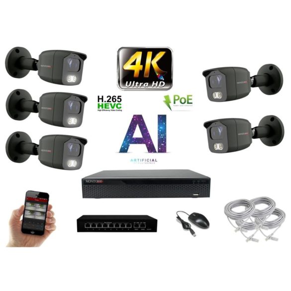 MS - 4K AI IP kamerarendszer 5 kamerával switchel 8 Mpix GT - 6379K5B
