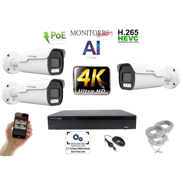 Monitorrs Security - 4k AI IP park kamerarendszer 3 kamerával 8 Mpix - 6380K3