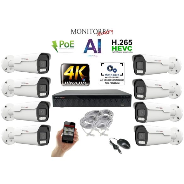 Monitorrs Security - 4k AI IP park kamerarendszer 8 kamerával 8 Mpix - 6380K8