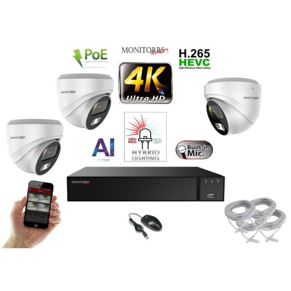 Monitorrs Security - AI Hybrid Light IP kamerarendszer 3 kamerával 8 Mpix WD - 6481k3