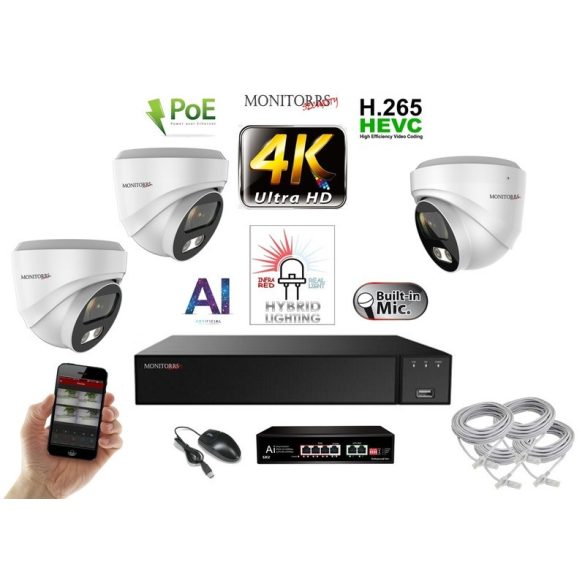 MS - AI Hybrid Light IP kamerarendszer 3 kamerával switchel 8 Mpix WD - 6481k3B