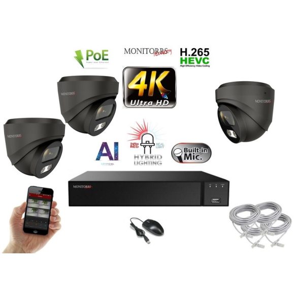 Monitorrs Security - AI Hybrid Light IP kamerarendszer 3 kamerával 8 Mpix GD - 6482k3