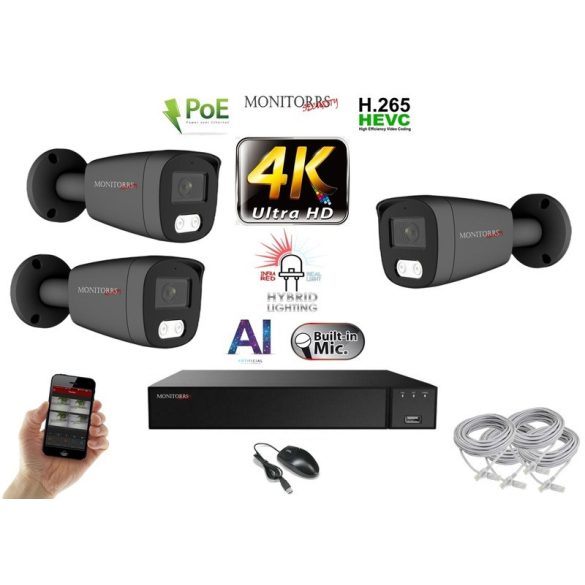 Monitorrs Security - AI Hybrid Light IP kamerarendszer 3 kamerával 8 Mpix GT - 6483k3