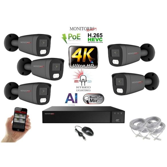 Monitorrs Security - AI Hybrid Light IP kamerarendszer 5 kamerával 8 Mpix GT - 6483k5