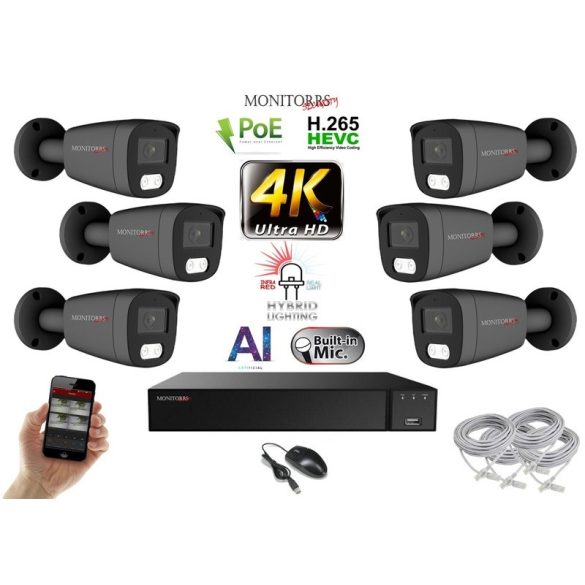 Monitorrs Security - AI Hybrid Light IP kamerarendszer 6 kamerával 8 Mpix GT - 6483k6
