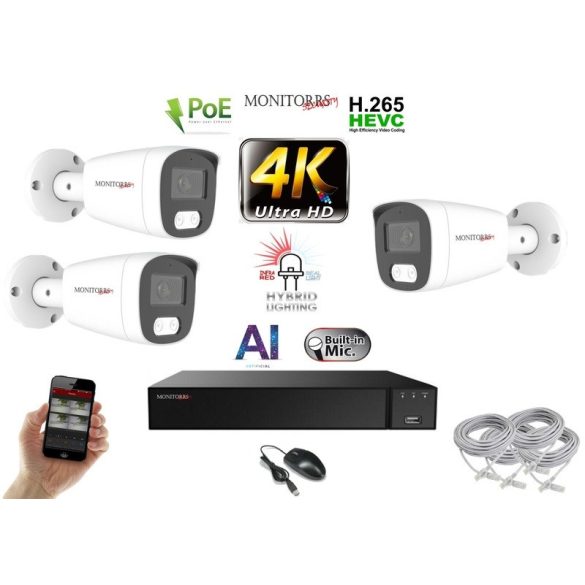 Monitorrs Security - AI Hybrid Light IP kamerarendszer 3 kamerával 8 Mpix WT - 6484k3