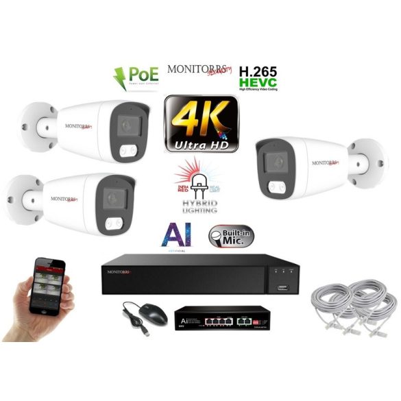 MS - AI Hybrid Light IP kamerarendszer 3 kamerával switchel 8 Mpix WT - 6484k3B