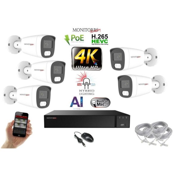 Monitorrs Security - AI Hybrid Light IP kamerarendszer 5 kamerával 8 Mpix WT - 6484k5
